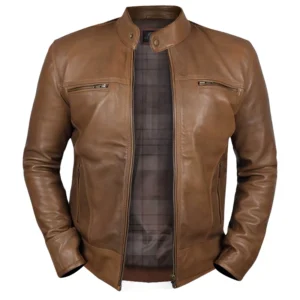 men camel dodge biker leather jacket