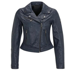 blue leather biker jacket