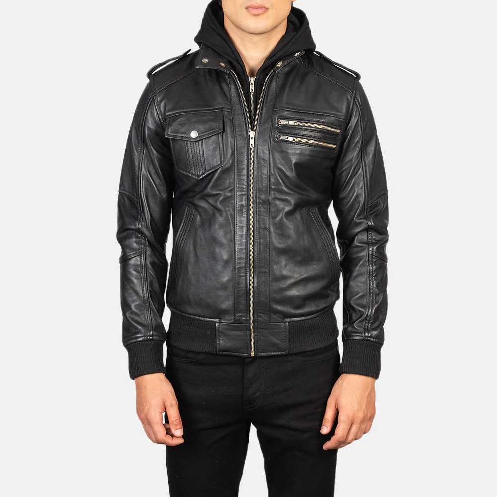mens bravado black hooded leather bomber jacket close front buy from jacket hive