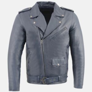 asymmetrical biker blue leather jacket