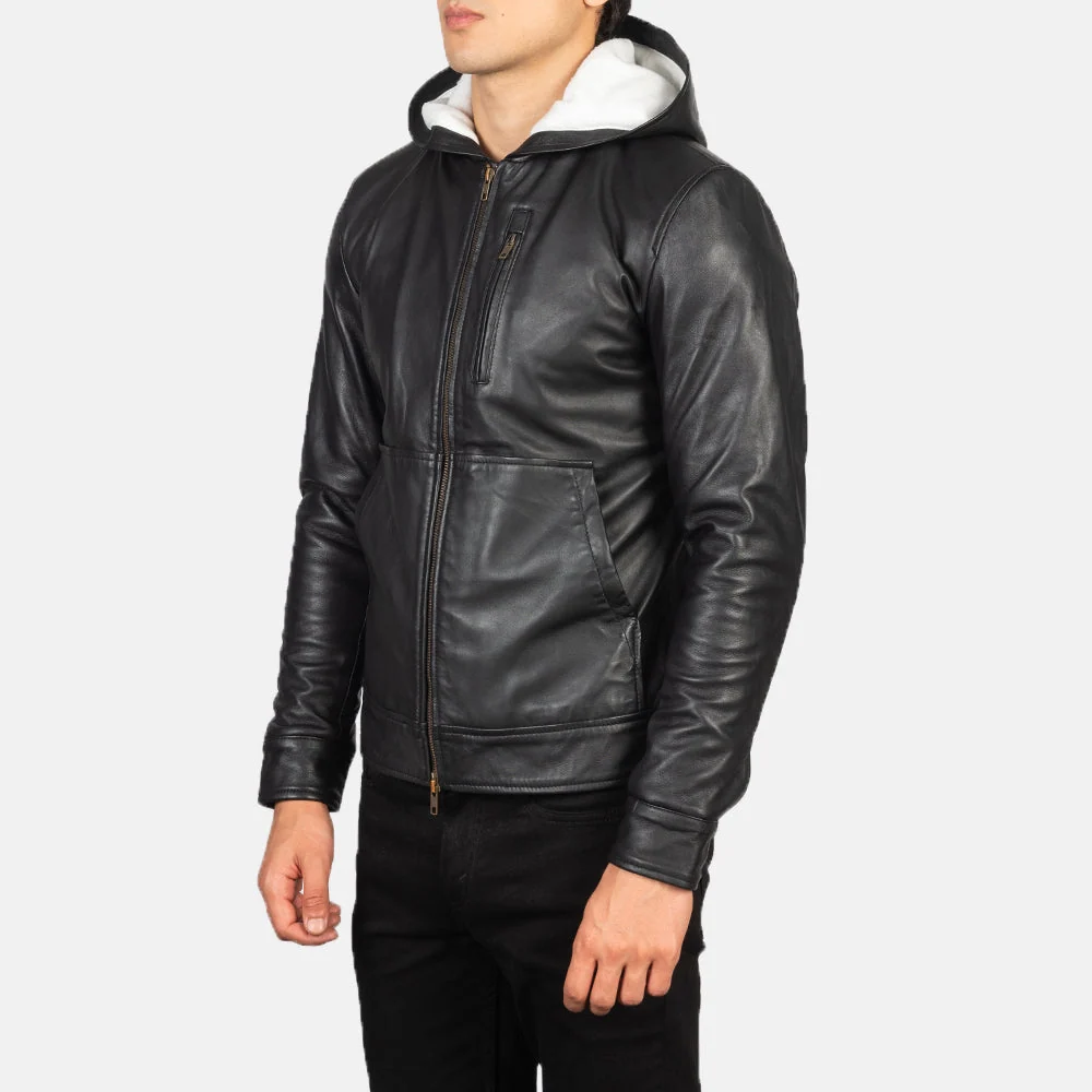 Baston Black Hooded Leather Bomber Jacket – Mens White-Lined Hood Style Baston Black Hooded Leather Bomber Jacket – Mens White-Lined Hood Style
