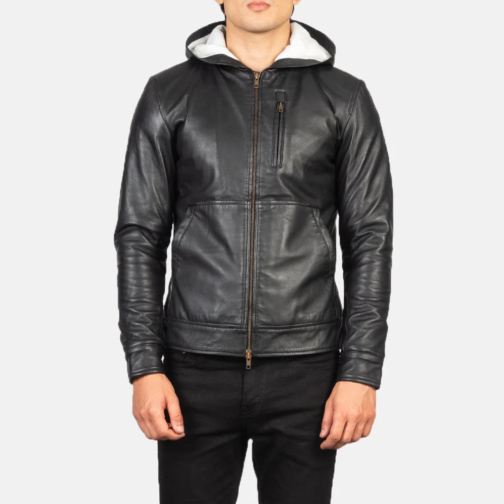 Baston Black Hooded Leather Bomber Jacket – Mens White-Lined Hood Style Baston Black Hooded Leather Bomber Jacket – Mens White-Lined Hood Style