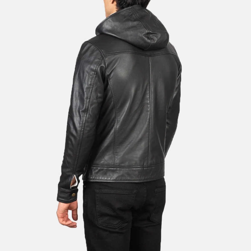 Baston Black Hooded Leather Bomber Jacket – Mens White-Lined Hood Style Baston Black Hooded Leather Bomber Jacket – Mens White-Lined Hood Style