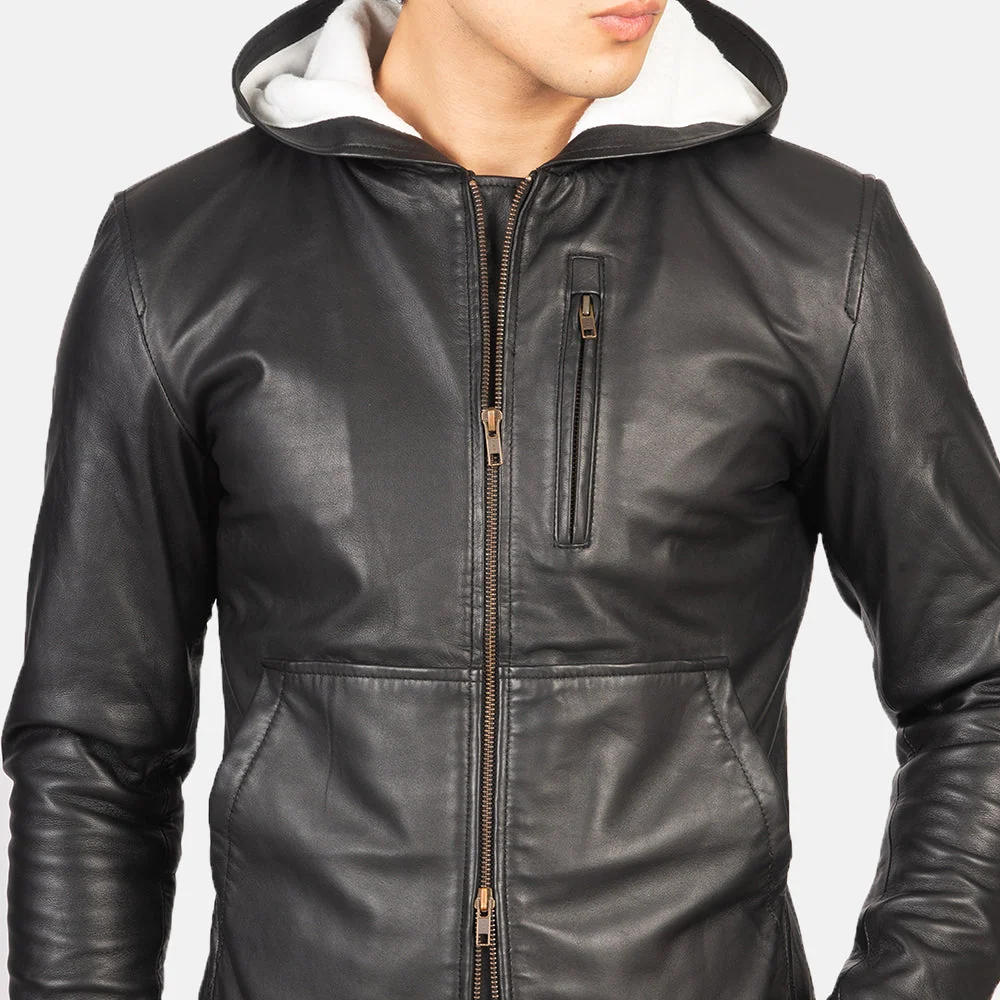 Baston Black Hooded Leather Bomber Jacket – Mens White-Lined Hood Style Baston Black Hooded Leather Bomber Jacket – Mens White-Lined Hood Style