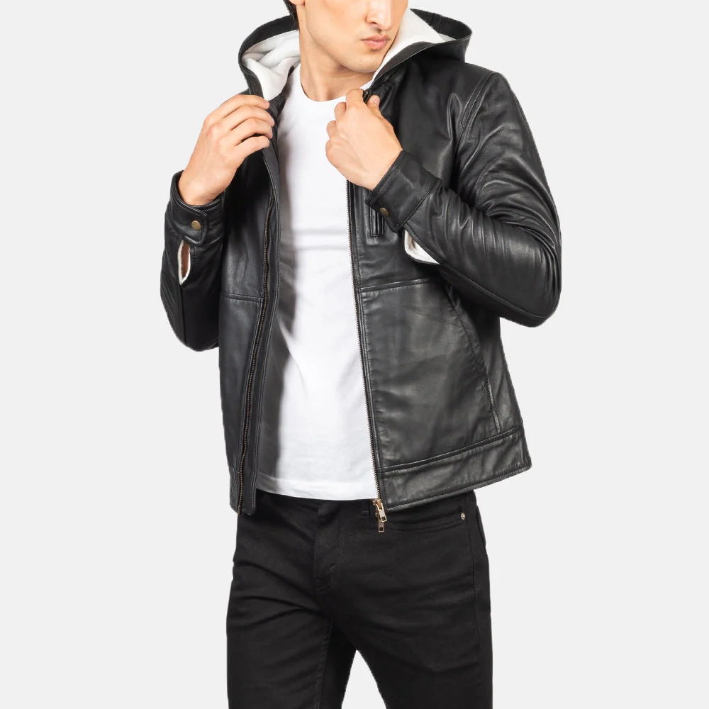 baston black hooded leather bomber jacket – mens white lined hood style baston black hooded leather bomber jacket – mens white lined hood style