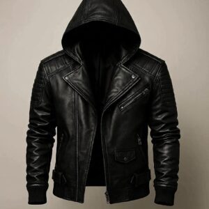 black genuine leather hooded biker jacket with quilted shoulders and asymmetrical zipper