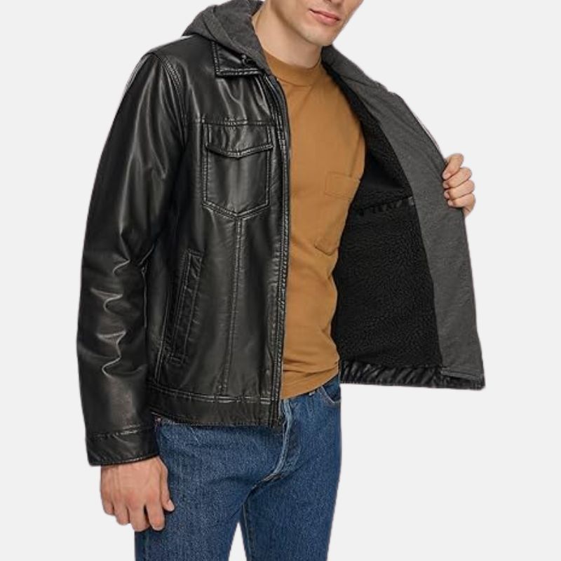 black hooded leather jacket mens – faux leather jacket with grey hood 3 black hooded leather jacket mens – faux leather jacket with grey hood 3