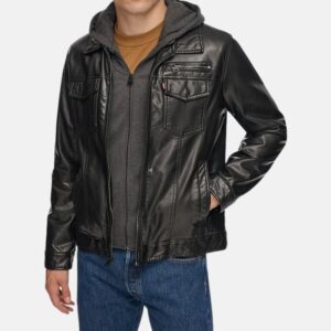 Men's Hooded Jackets black hooded leather jacket mens – faux leather jacket with grey hood