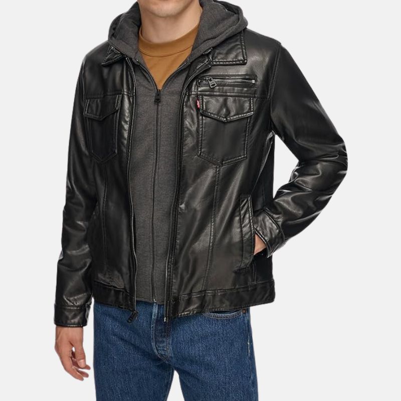 black hooded leather jacket mens – faux leather jacket with grey hood black hooded leather jacket mens – faux leather jacket with grey hood