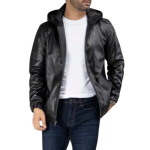 Men's Hooded Jackets black mens leather jacket with hood – slim fit zip up style