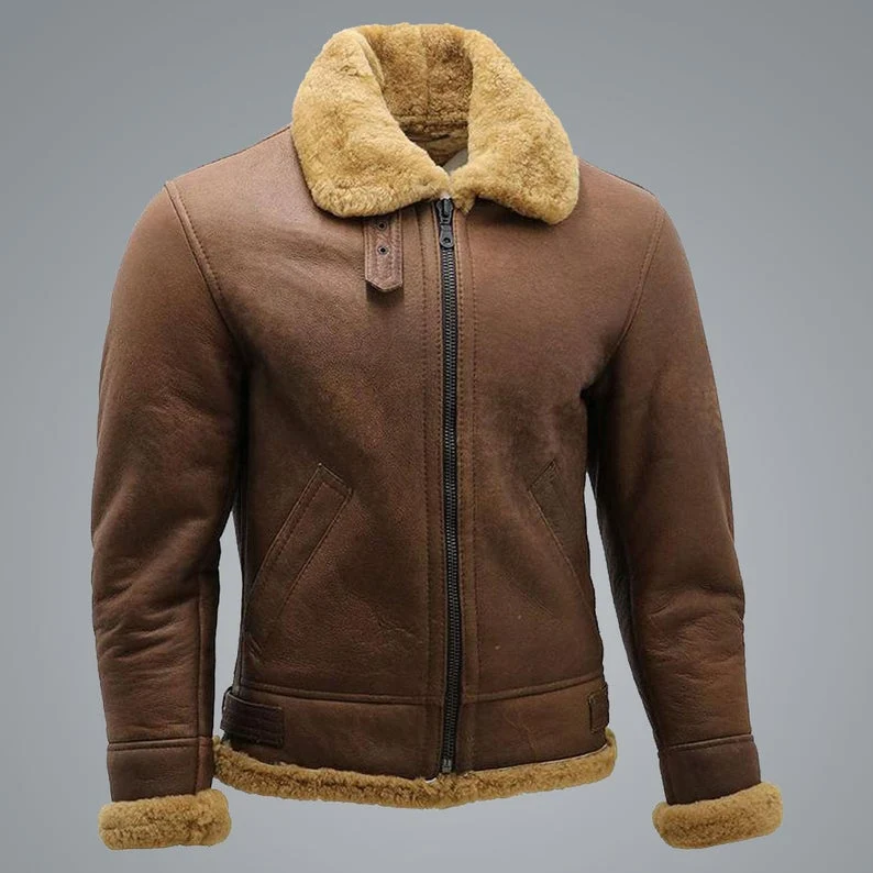 handmade mens brown b3 shearling jacket zip closed buy from jacket hive