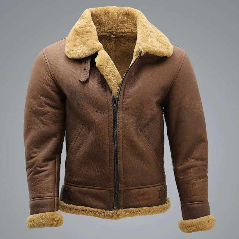 handmade mens brown b3 shearling sheep skin ww2 bomber leather flying aviator jacket