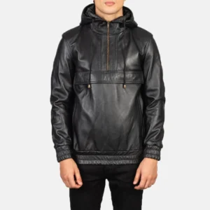 Men's Hooded Jackets kenton hooded black leather pullover jacket – mens half zip anorak style