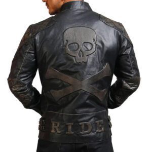 Mens Asymmetrical Bones and Skull Leather Jacket – Black Biker Style