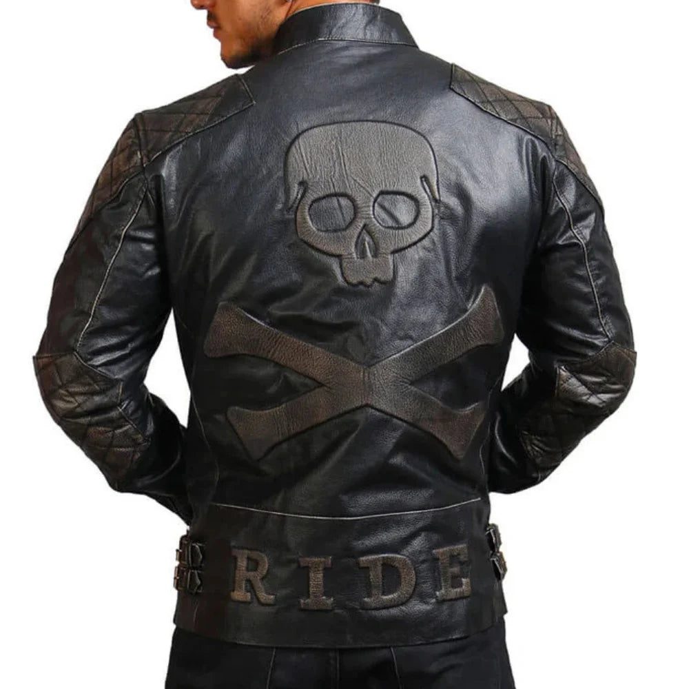 Mens Asymmetrical Bones and Skull Leather Jacket – Black Biker Style Mens Asymmetrical Bones and Skull Leather Jacket – Black Biker Style