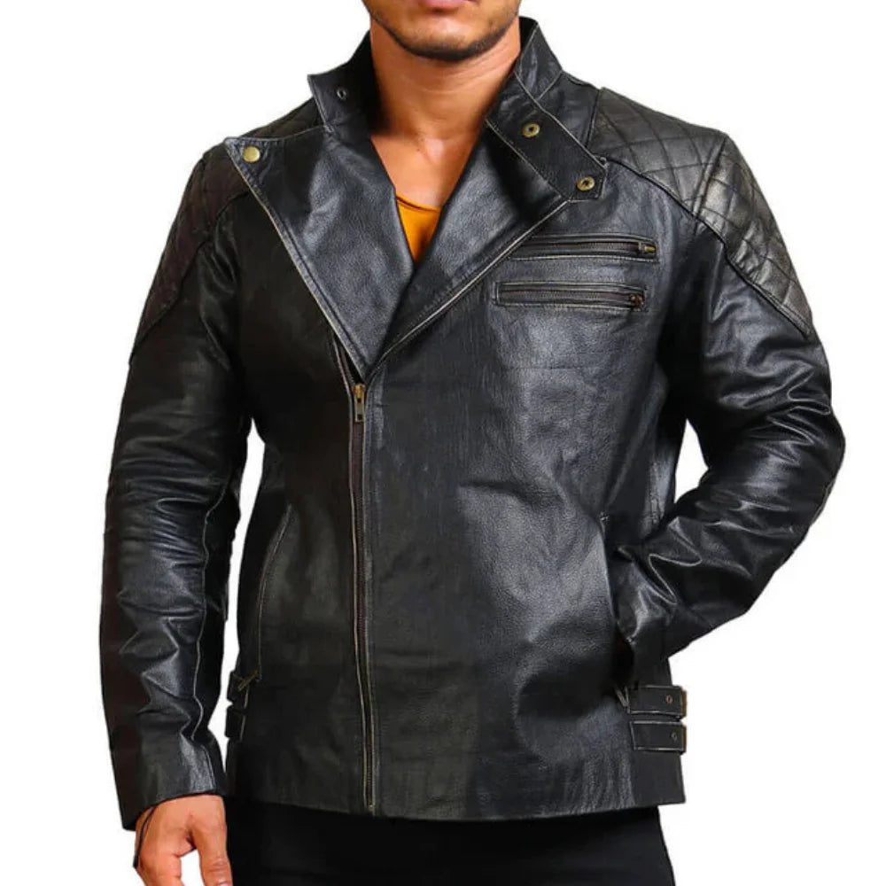 Mens Asymmetrical Bones and Skull Leather Jacket – Black Biker Style Mens Asymmetrical Bones and Skull Leather Jacket – Black Biker Style