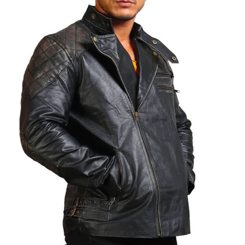 Mens Asymmetrical Bones and Skull Leather Jacket – Black Biker Style Mens Asymmetrical Bones and Skull Leather Jacket – Black Biker Style