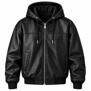 New Arrivals men’s black hooded faux leather jacket