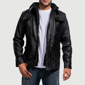 Men's Hooded Jackets moulder hooded black leather jacket – mens field jacket style with flap pockets
