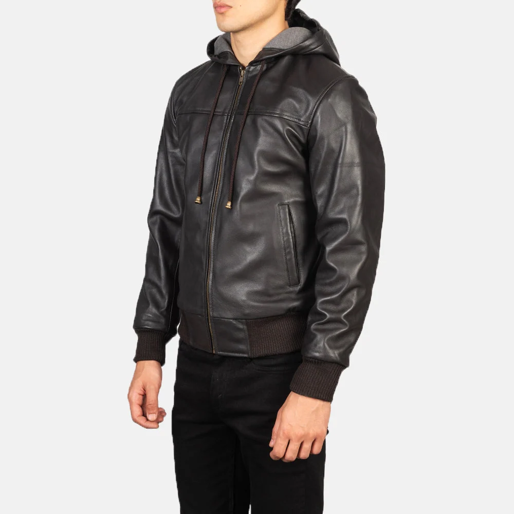 Nintenzo Brown Hooded Leather Bomber Jacket – Mens Drawstring Hood Style Nintenzo Brown Hooded Leather Bomber Jacket – Mens Drawstring Hood Style