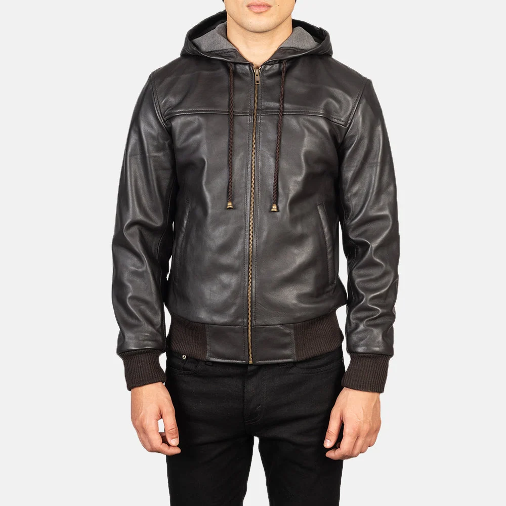 Nintenzo Brown Hooded Leather Bomber Jacket – Mens Drawstring Hood Style Nintenzo Brown Hooded Leather Bomber Jacket – Mens Drawstring Hood Style