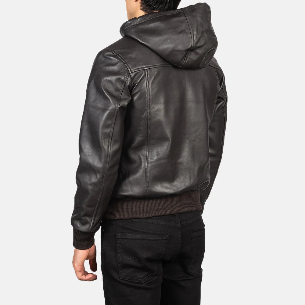 Nintenzo Brown Hooded Leather Bomber Jacket – Mens Drawstring Hood Style Nintenzo Brown Hooded Leather Bomber Jacket – Mens Drawstring Hood Style