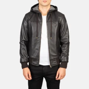 Men's Hooded Jackets Nintenzo Brown Hooded Leather Bomber Jacket – Mens Drawstring Hood Style