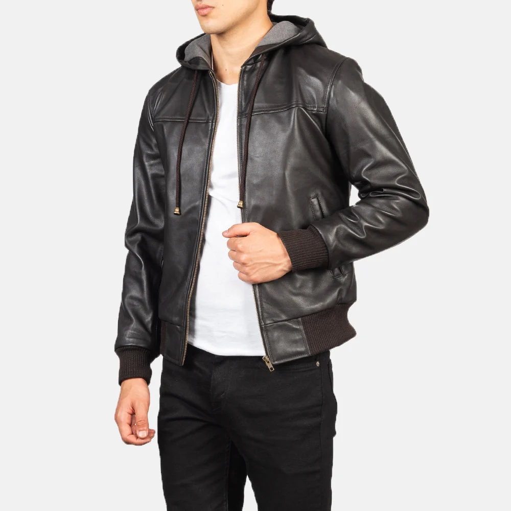 Nintenzo Brown Hooded Leather Bomber Jacket – Mens Drawstring Hood Style Nintenzo Brown Hooded Leather Bomber Jacket – Mens Drawstring Hood Style