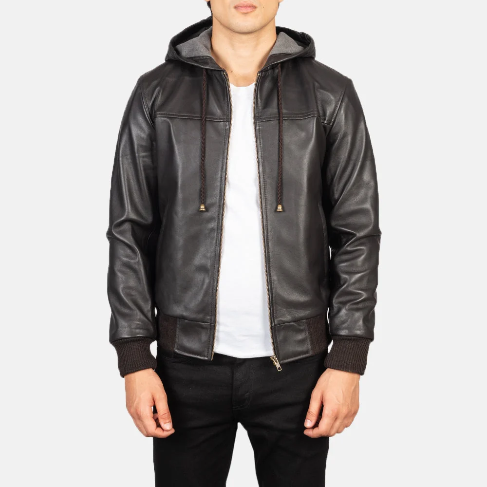 nintenzo brown hooded leather bomber jacket – mens drawstring hood style Nintenzo Brown Hooded Leather Bomber Jacket – Mens Drawstring Hood Style