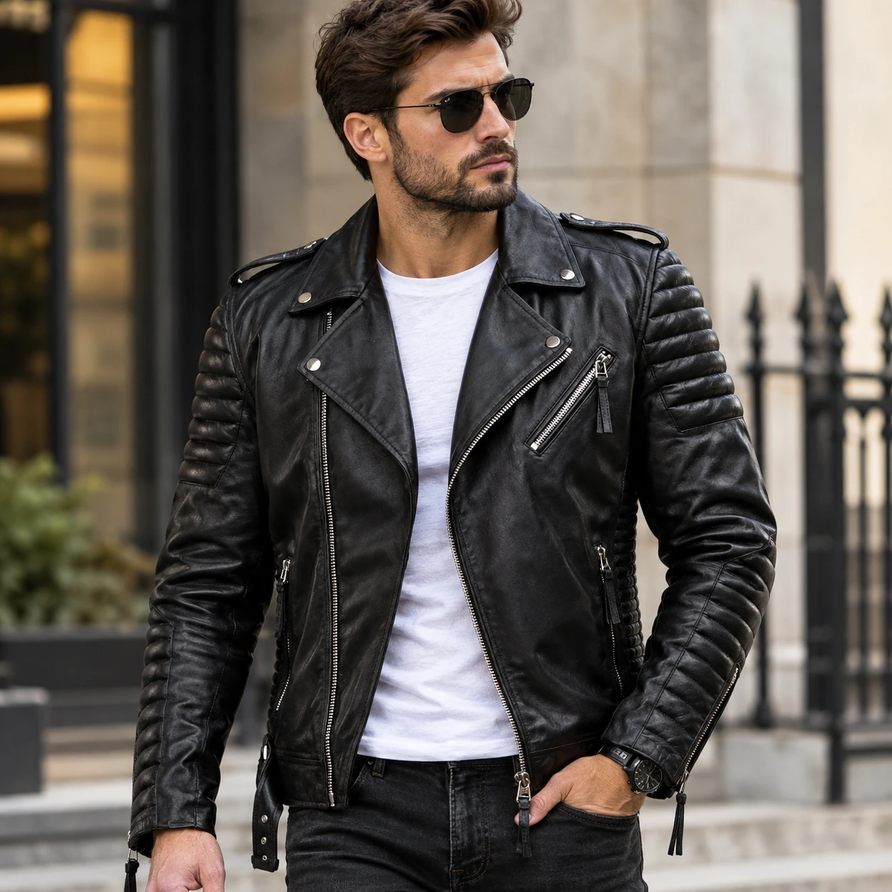 Man wearing a black leather jacket from Jacket Hive