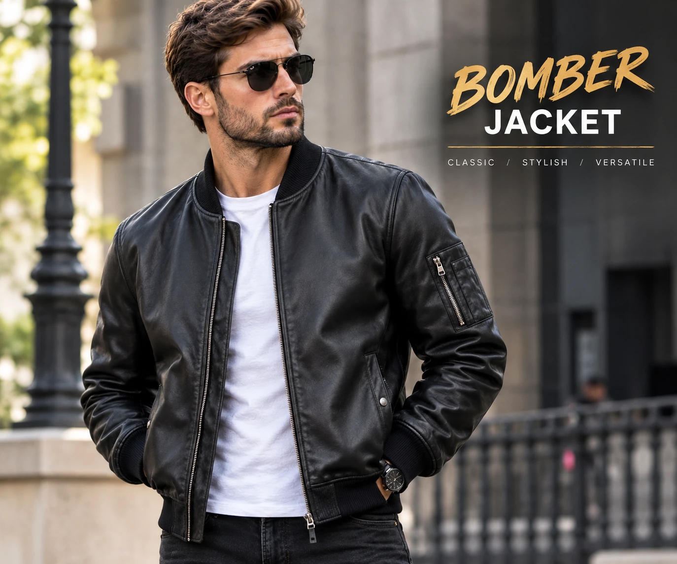 Black leather bomber jacket