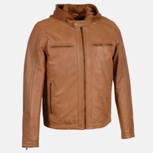 Men's Hooded Jackets brown biker mens leather jacket with hood fron view