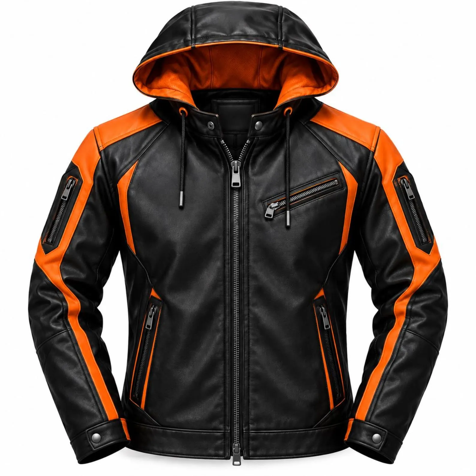 Men’s Black Orange Leather Jacket | Hooded Biker Motorcycle Jacket | Stylish Winter Jacket | Premium Streetwear Moto Jacket for Men Men’s Black Orange Leather Jacket | Hooded Biker Motorcycle Jacket | Stylish Winter Jacket | Premium Streetwear Moto Jacket for Men