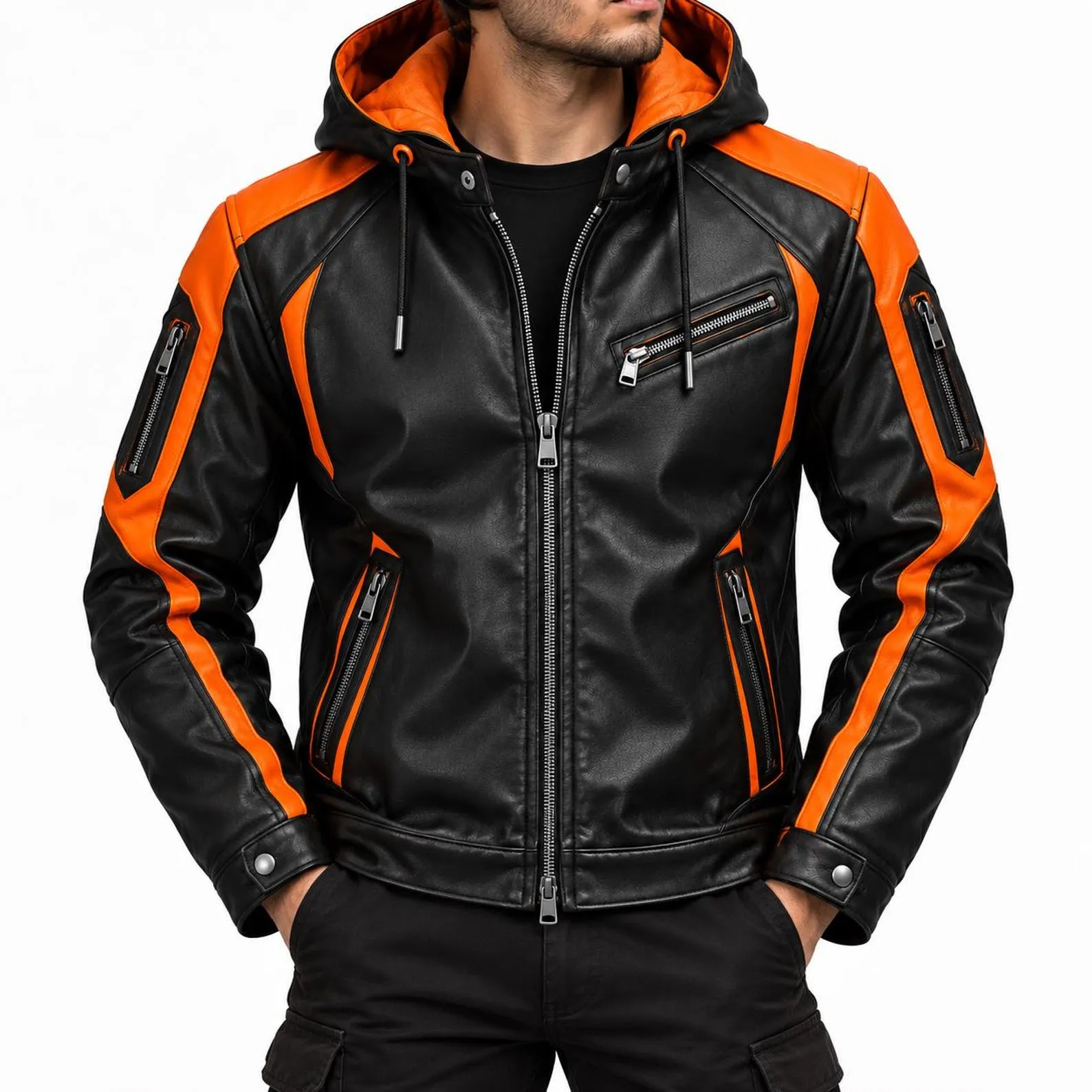 Men’s Black Orange Leather Jacket | Hooded Biker Motorcycle Jacket | Stylish Winter Jacket | Premium Streetwear Moto Jacket for Men Men’s Black Orange Leather Jacket | Hooded Biker Motorcycle Jacket | Stylish Winter Jacket | Premium Streetwear Moto Jacket for Men