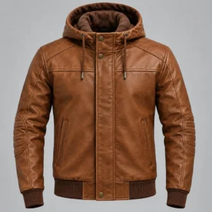 New Arrivals Handmade Leather Hooded Bomber Jacket, Men’s Genuine Leather Zip Up Jacket, Ribbed Cuff Elbow Patch Moto Coat