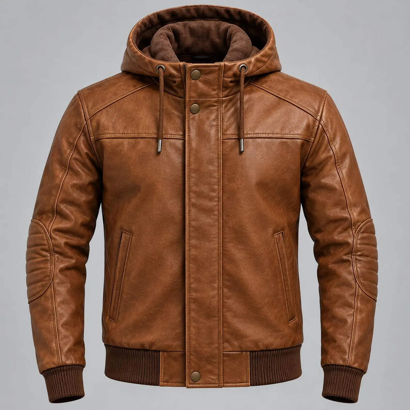 Handmade Leather Hooded Bomber Jacket, Men’s Genuine Leather Zip Up Jacket, Ribbed Cuff Elbow Patch Moto Coat Handmade Leather Hooded Bomber Jacket, Men’s Genuine Leather Zip Up Jacket, Ribbed Cuff Elbow Patch Moto Coat