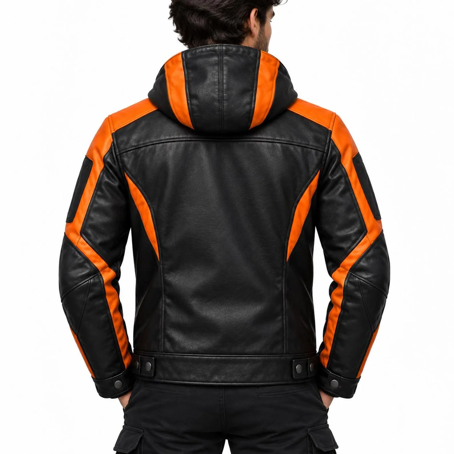 Men’s Black Orange Leather Jacket | Hooded Biker Motorcycle Jacket | Stylish Winter Jacket | Premium Streetwear Moto Jacket for Men Men’s Black Orange Leather Jacket | Hooded Biker Motorcycle Jacket | Stylish Winter Jacket | Premium Streetwear Moto Jacket for Men