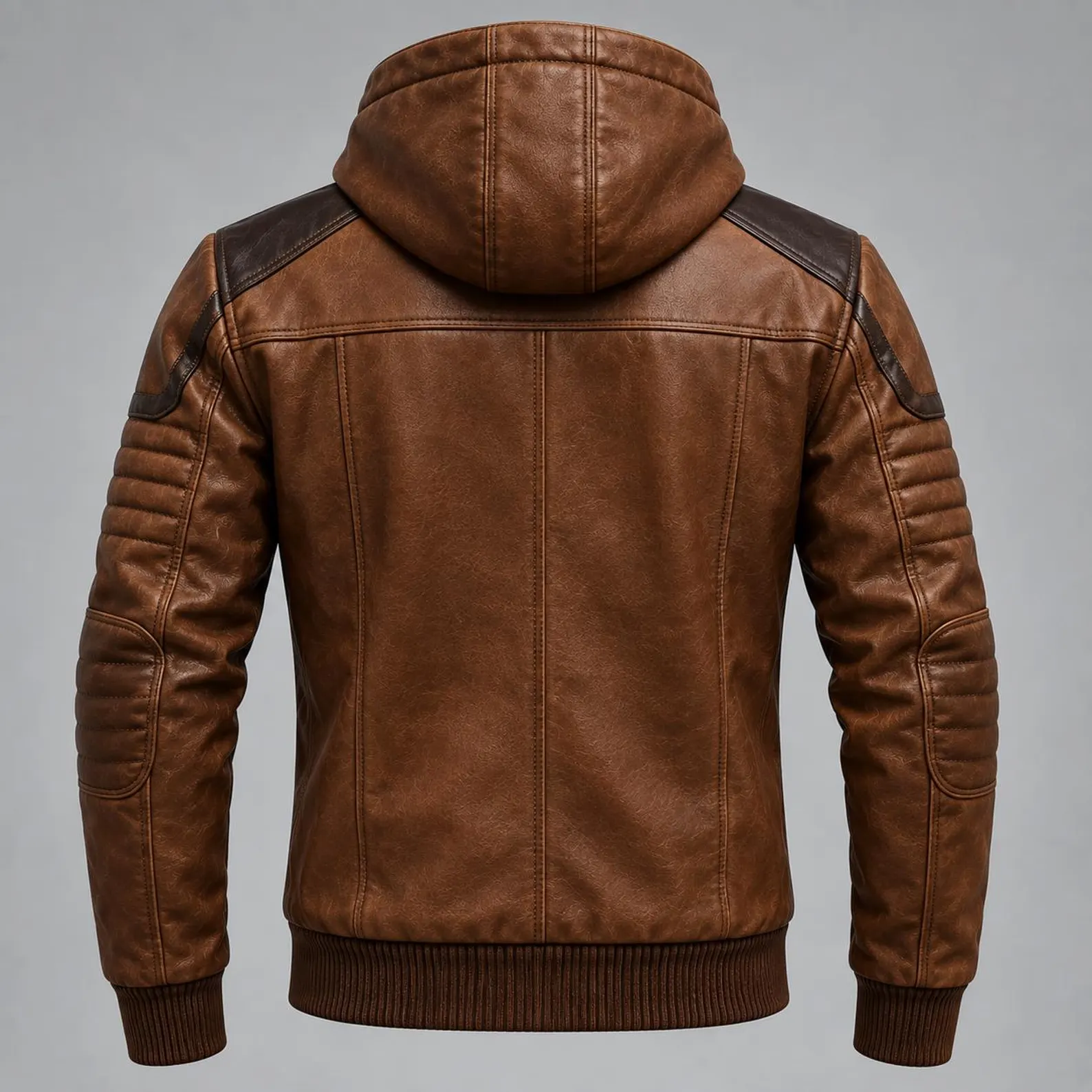 Handmade Leather Hooded Bomber Jacket, Men’s Genuine Leather Zip Up Jacket, Ribbed Cuff Elbow Patch Moto Coat Handmade Leather Hooded Bomber Jacket, Men’s Genuine Leather Zip Up Jacket, Ribbed Cuff Elbow Patch Moto Coat