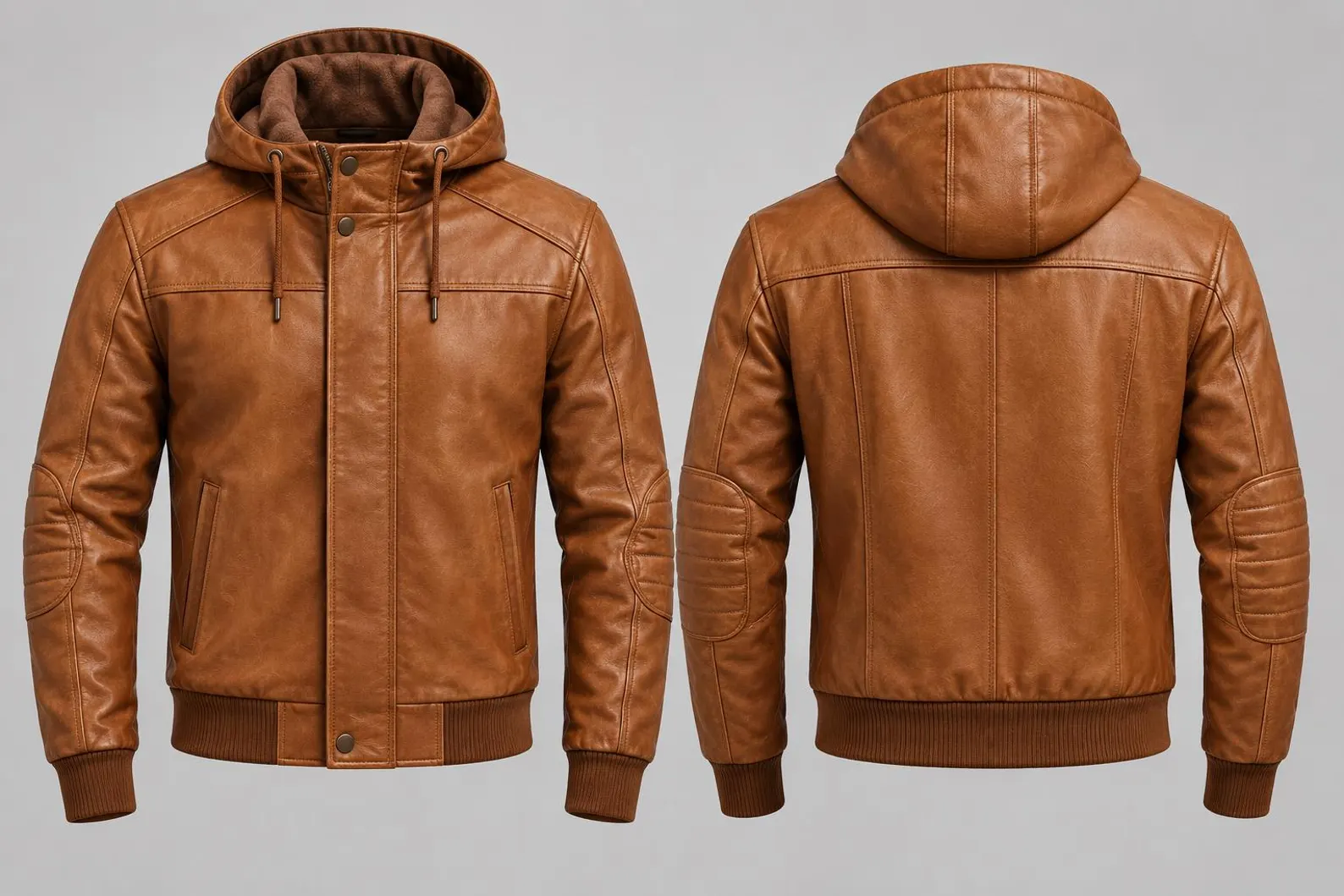 Handmade Leather Hooded Bomber Jacket, Men’s Genuine Leather Zip Up Jacket, Ribbed Cuff Elbow Patch Moto Coat Handmade Leather Hooded Bomber Jacket, Men’s Genuine Leather Zip Up Jacket, Ribbed Cuff Elbow Patch Moto Coat