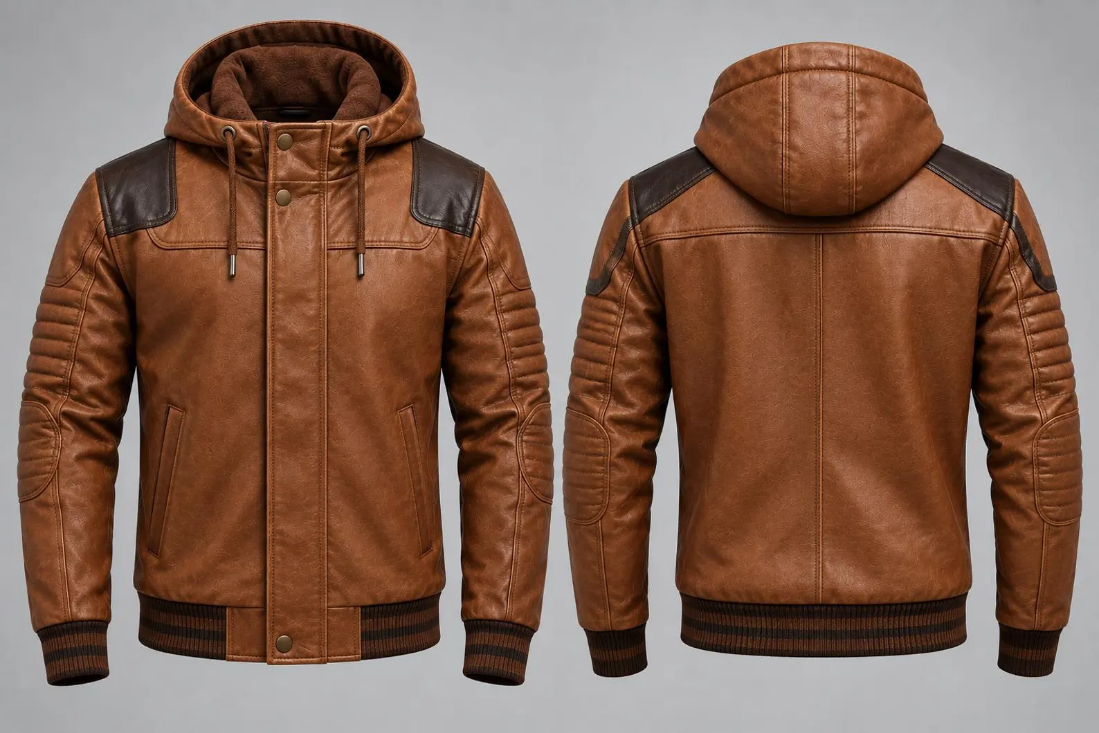 Handmade Leather Hooded Bomber Jacket, Men’s Genuine Leather Zip Up Jacket, Ribbed Cuff Elbow Patch Moto Coat Handmade Leather Hooded Bomber Jacket, Men’s Genuine Leather Zip Up Jacket, Ribbed Cuff Elbow Patch Moto Coat