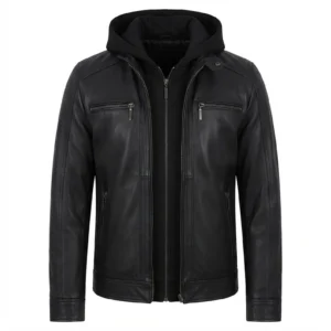 New Arrivals Men’s Black Leather Hooded Jacket, Biker Motorcycle Jacket, Zip Up Leather Jacket, Casual Black Jacket