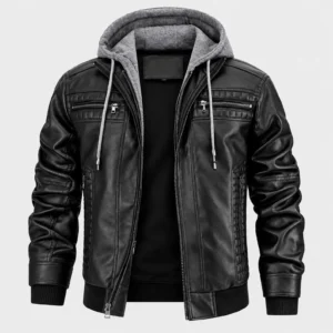 New Arrivals Men Genuine Leather Biker Jacket with Removable Hood, Black Real Sheep Leather Bomber, Detachable Hooded Motorcycle Jacket