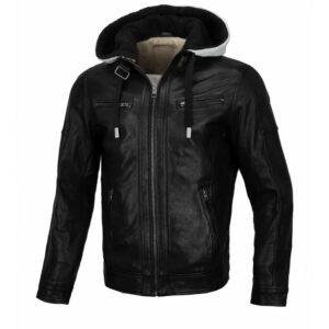 Men's Hooded Jackets leather black hooded jacket mens front view