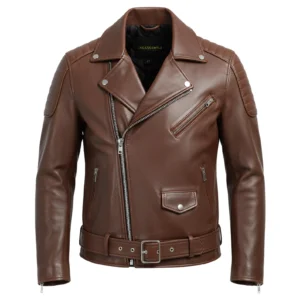 men brown biker style leather jacket front view