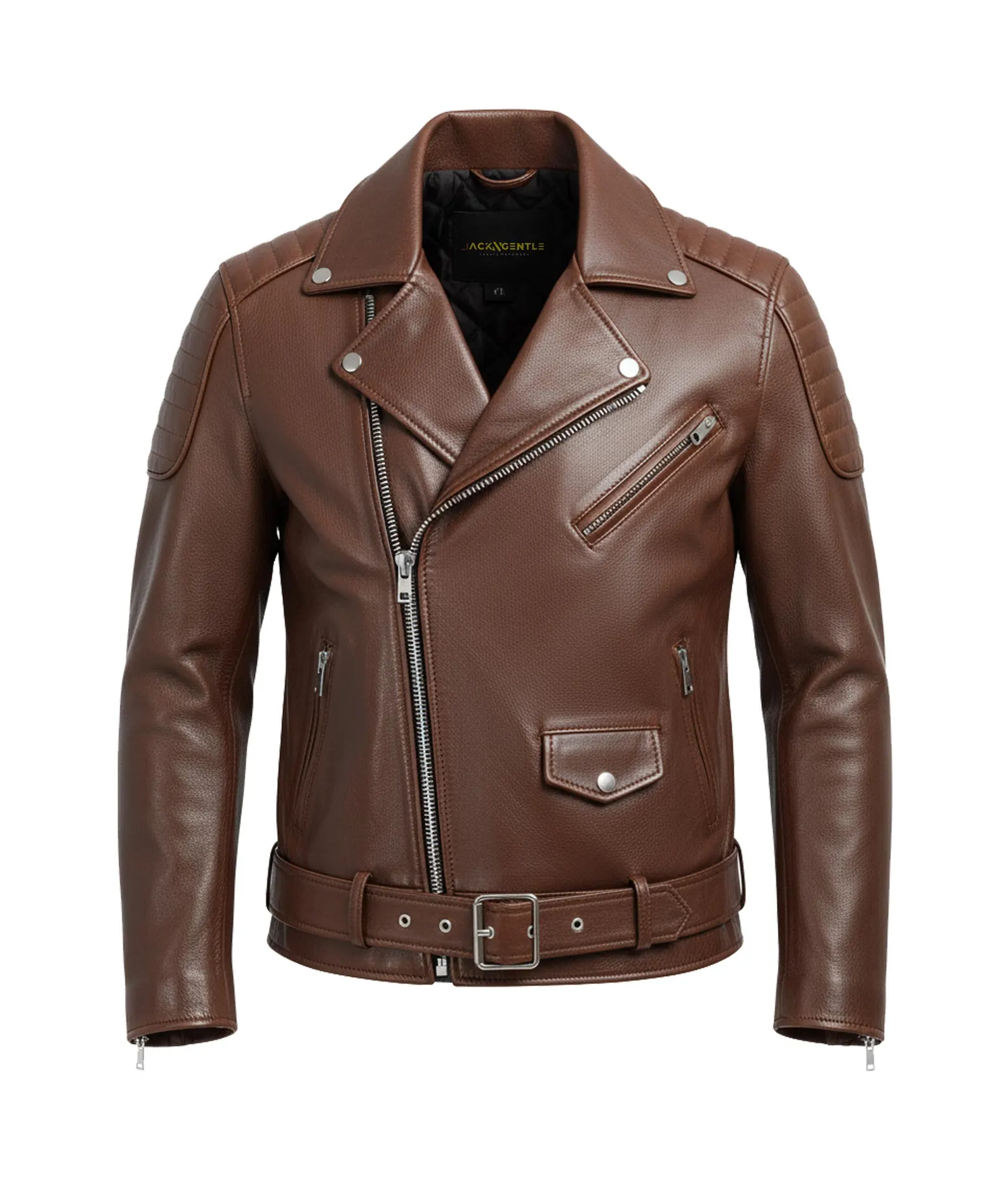 men brown biker style leather jacket front view men brown biker style leather jacket front view