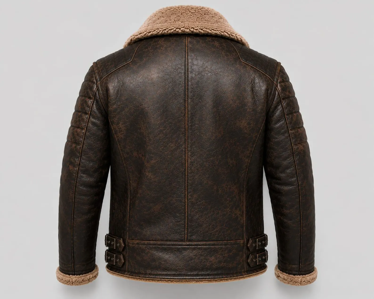 mens shearling biker jacket brown back view mens shearling biker jacket brown back view
