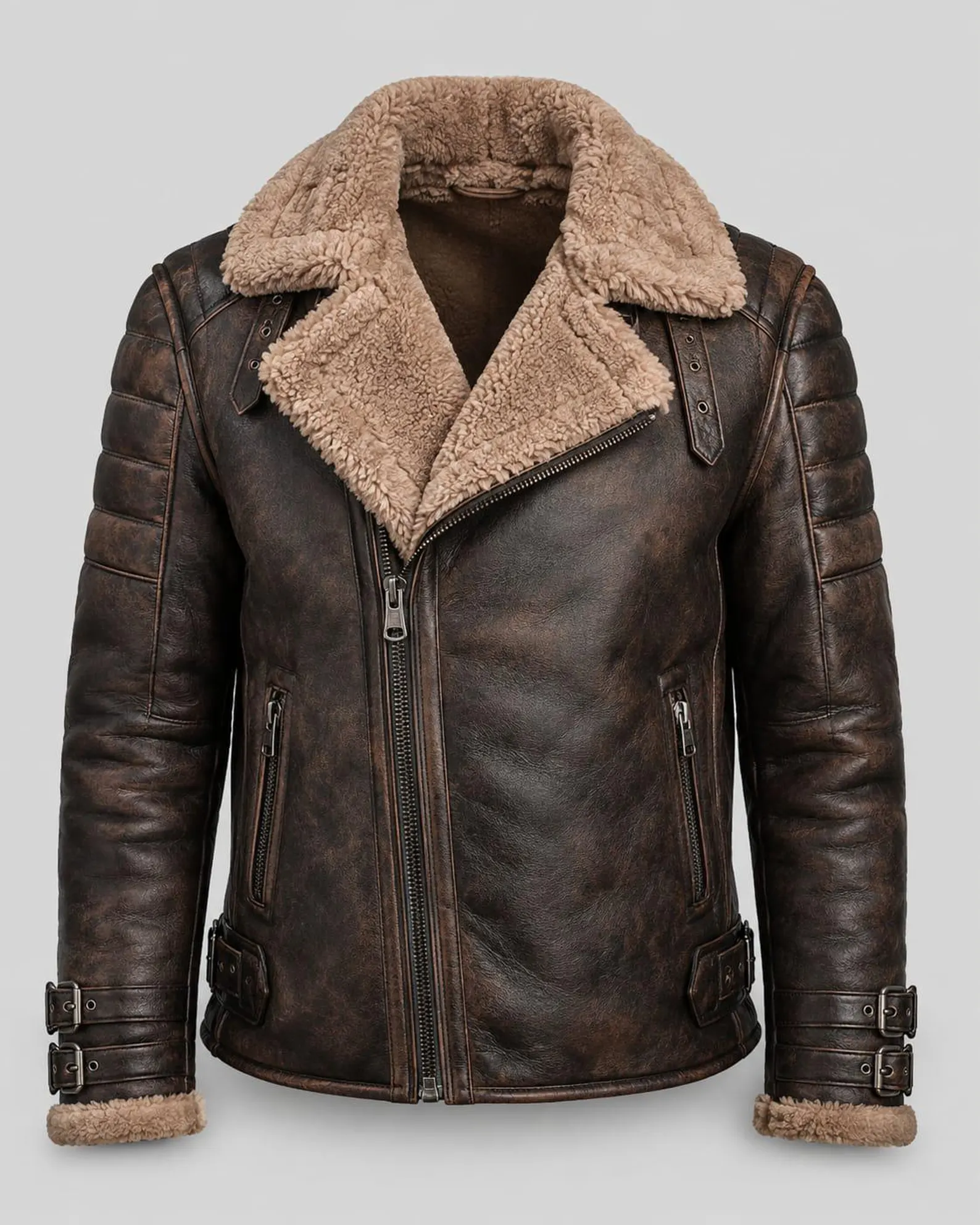 mens shearling biker jacket brown front view mens shearling biker jacket brown front view