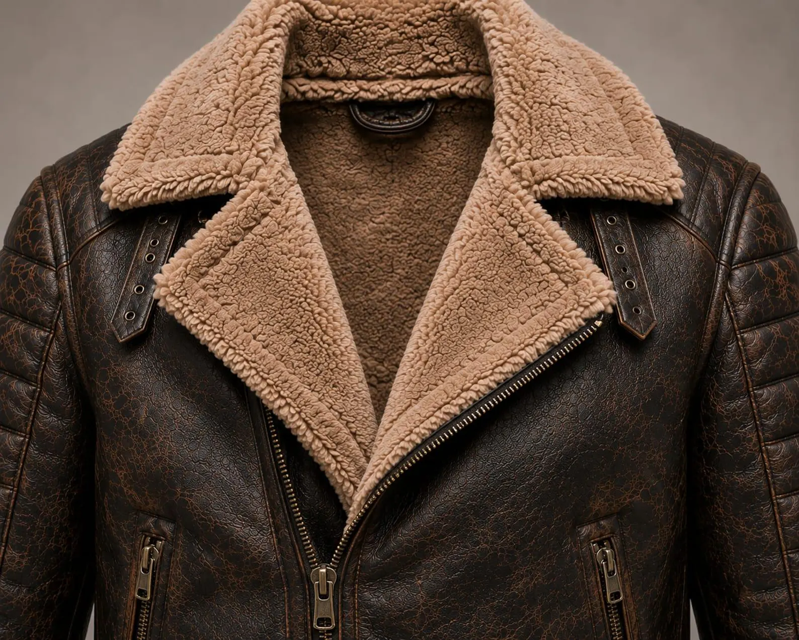mens shearling biker jacket brown top view mens shearling biker jacket brown top view