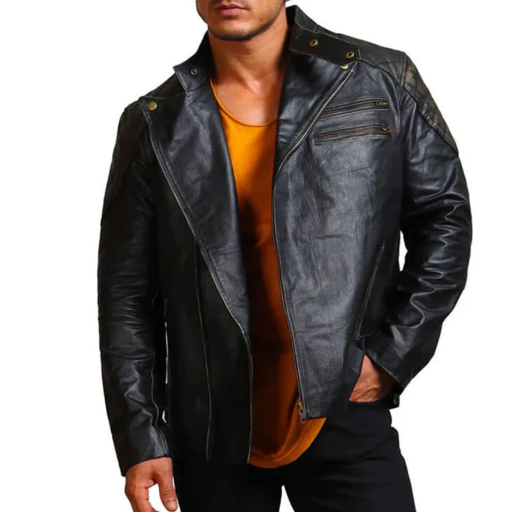 skull and bones leather jacket Mens Asymmetrical Bones and Skull Leather Jacket – Black Biker Style