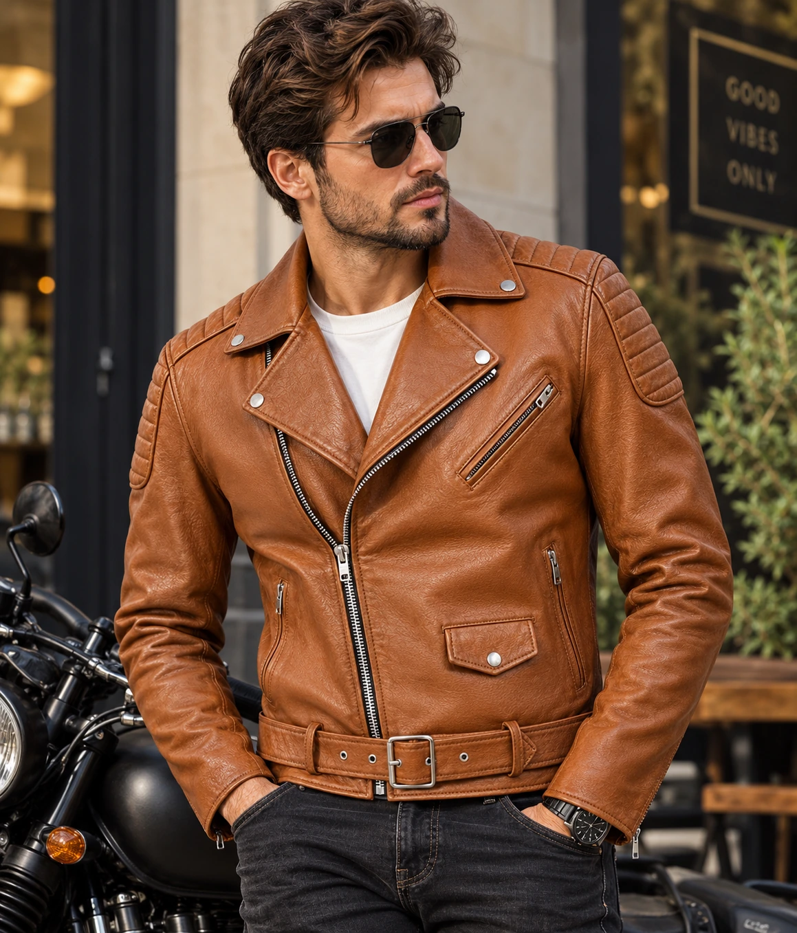 tan brown biker jacket model tan brown biker jacket model